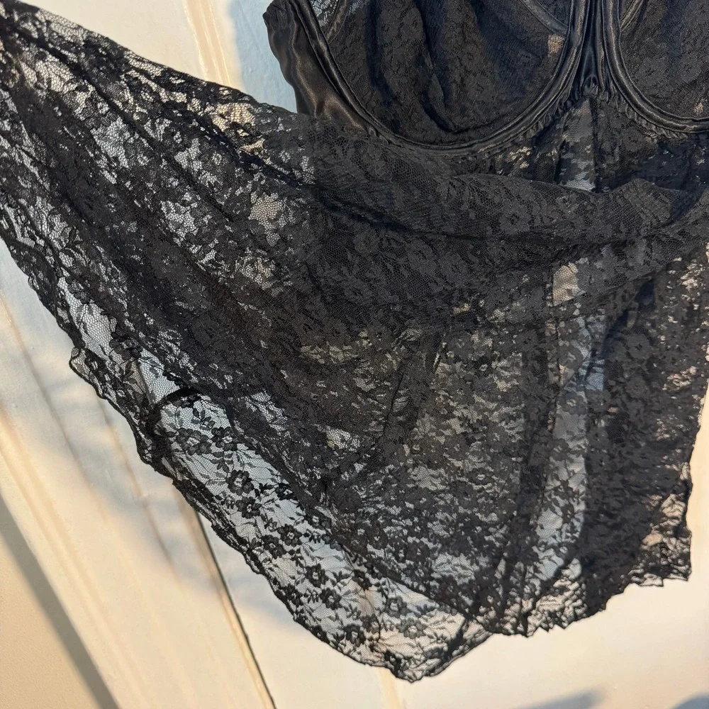 Y2K‎ Black Sheer Mesh Lace Babydoll Cami Lingerie corset vampy Whimsigoth Witchy